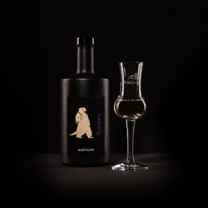 hedwig Walnuss mit Schnaps Glas gefüllt mit der Spirituose